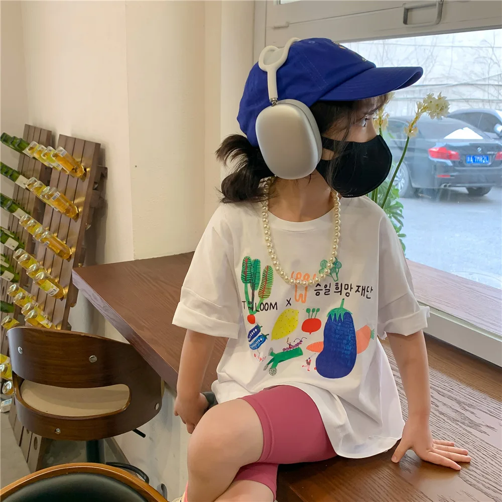 

MILA CHOU 2022 Summer Baby Girls Casual O-neck Vegetable T-shirt+Pink Yoga Pants 2Pcs Suit Children Cotton Tee legging Set Kids