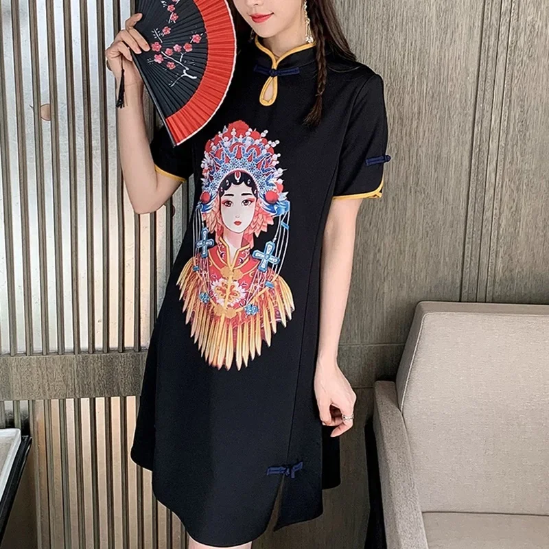 Черное Восточное короткое платье чонсам китайское халат Ципао винтажная Женская