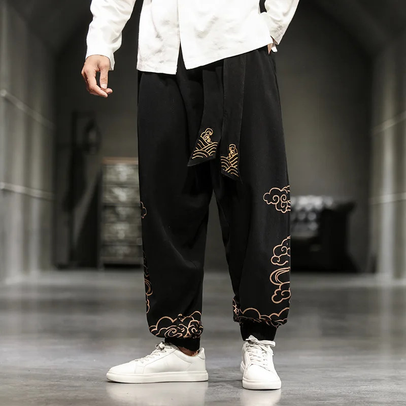 Men Casual Sleep Bloomers Chinese Style Cotton Home Pants Spring Autumn Print New Hanfu Trousers Pajamas Pant Oversize 5XL