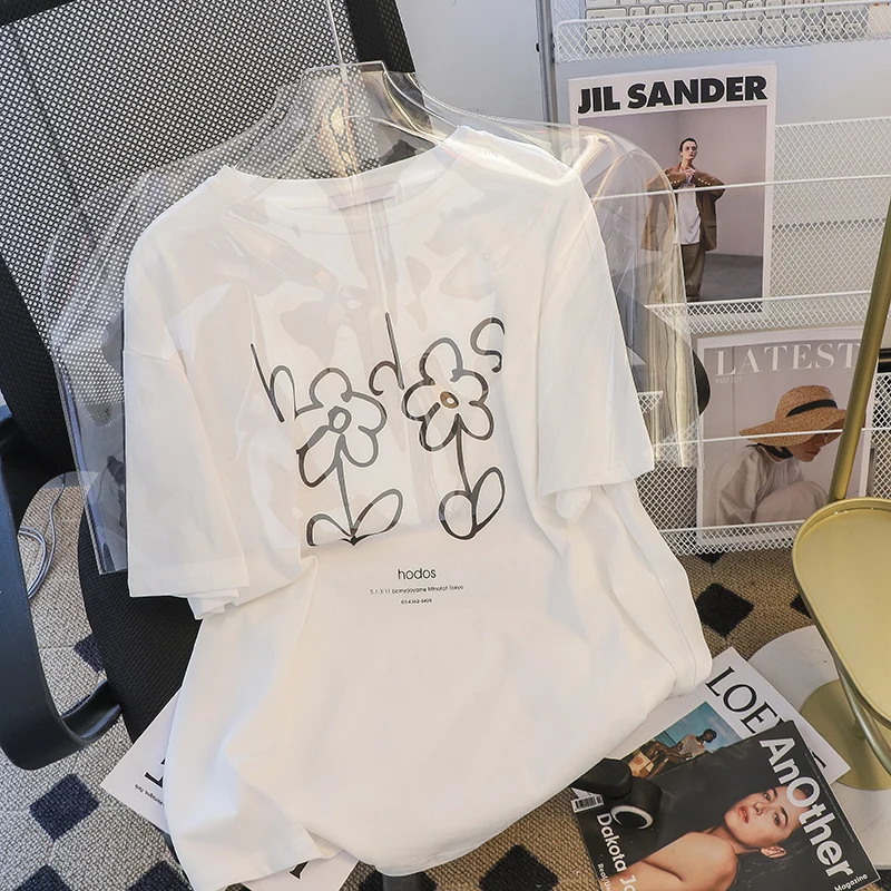 

Tiktok Quality Pure Cotton Short SleeveTT-shirt Women's Summer2022Mid-Long Korean Style Printed Round Neck New Top Large Size Wo