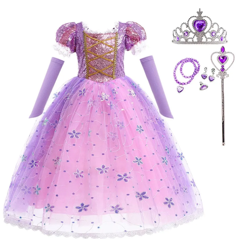 

Halloween Rapunzel Dress Children Birthday Party Dress Girl Cosplay Costume Kid Sequins Lace Vestidos Carvinal Clothes 3-10Year