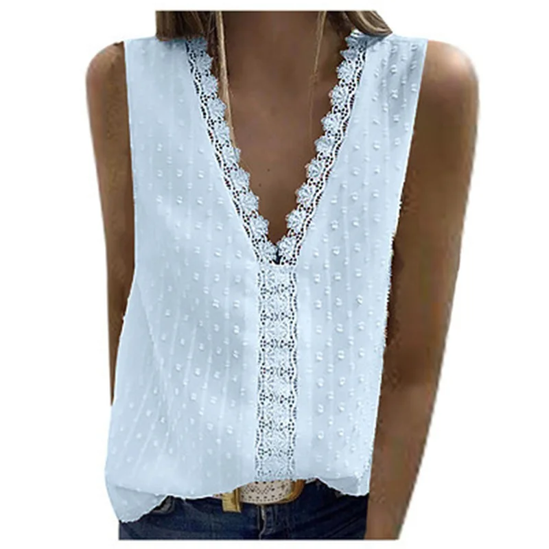 2021 Women's T-Shirt V Neck Sleeveless Lace Stitched Chiffon Vest (Front And Back Lining)
