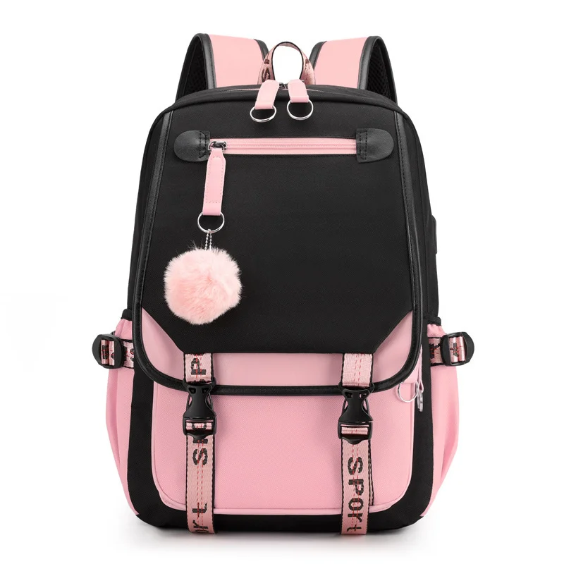 

Fengdong Large School Bags For Teenage Girls USB Port Canvas Schoolbag Student Book Bag Fashion Black Pink Teen School Backpack