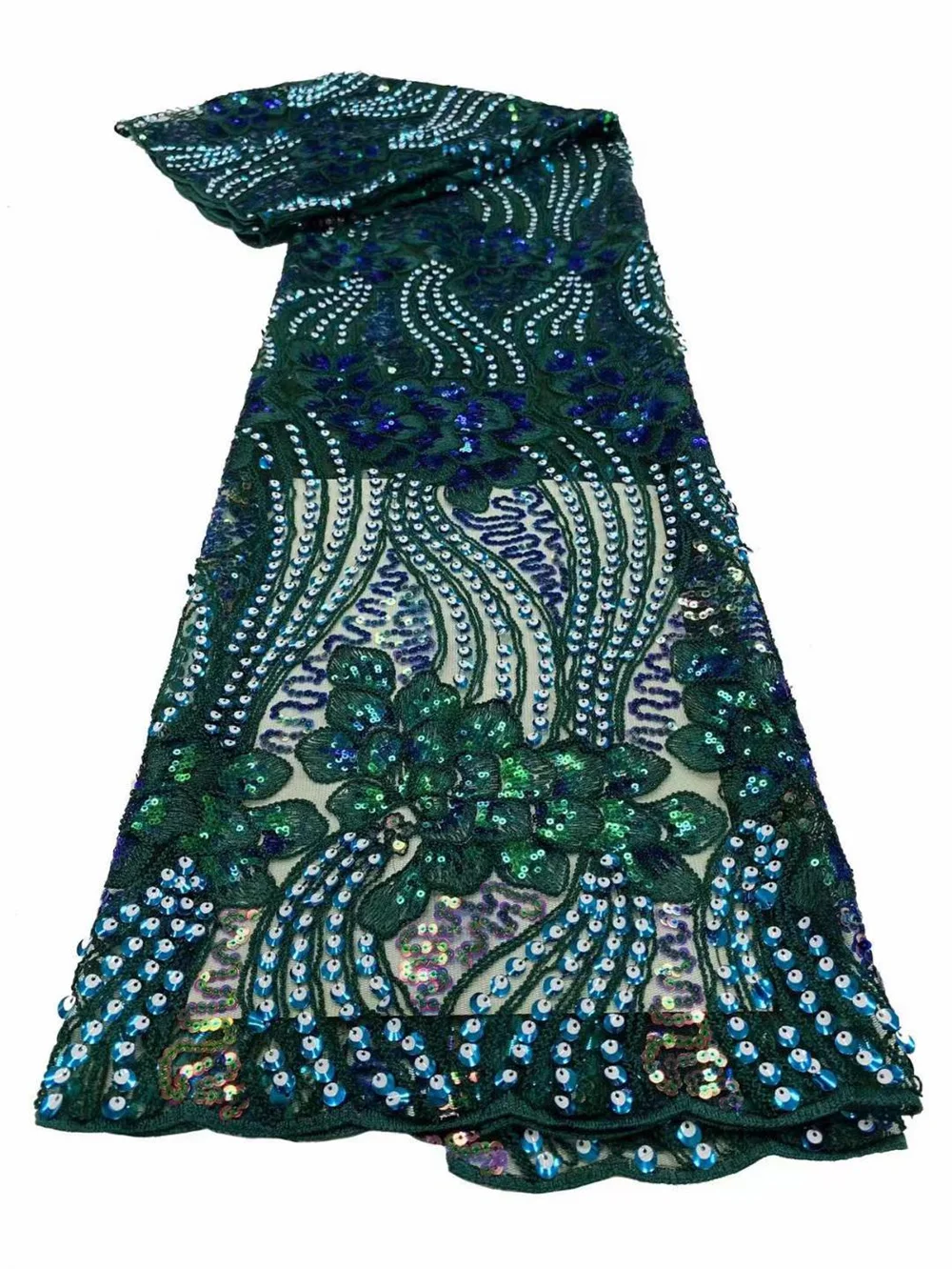 

Green African Sequined Lace Fabric 2022 High Quality Embroidery Lace Material Nigerian French Mesh Lace Fabric For Wedding