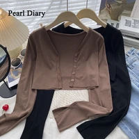 pearl diary women autumn single breasted sexy crop tops pure colour v neck y2k clothes fashion all match long sleeve t shirts