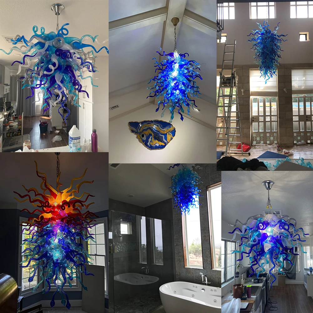 Люстра Longree стеклянная ручной работы большая лампа из дутого стекла с синим