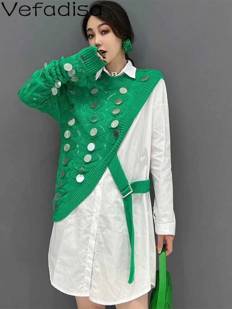 

Women Long Sleeves Lapel Shirt Loose Wild Sequins Splicing Sweater Lace Irregular Two Piece Set 2023 Spring Autumn LHX1459