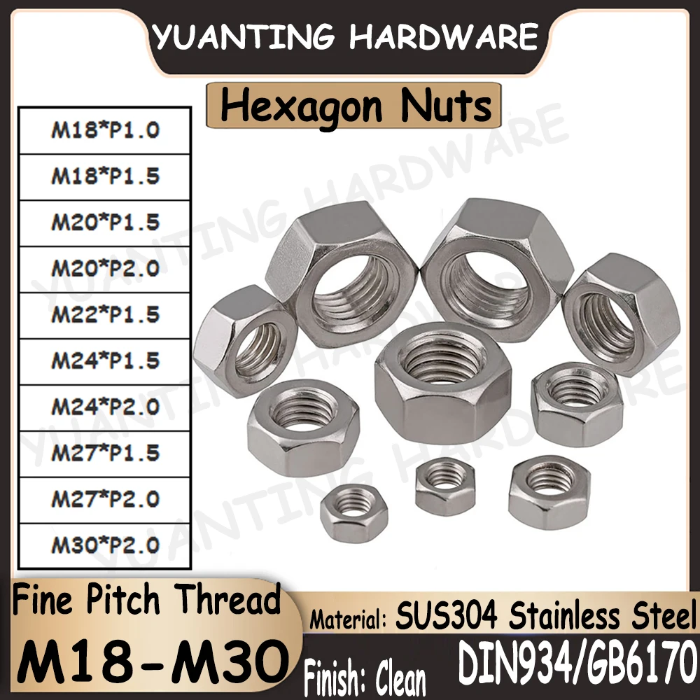 1 шт.-4 шт. DIN934 GB6170 SUS304 шестигранные гайки из нержавеющей стали M18 M20 M22 M24 M27 M130 с резьбой с тонким шагом гайки большого размера