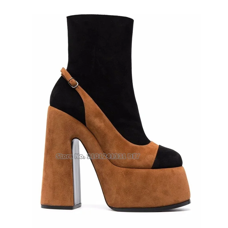 Chunky Heeled Thick Platform Ultra High Heel Sock Boots Women Matching Frosted Fabric Bare Short Boots