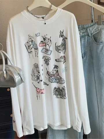 Женские летние тонкие футболки с длинным рукавом и мультяшным принтом, милые футболки с круглым вырезом, летние топы для женской одежды, прозрачная одежда