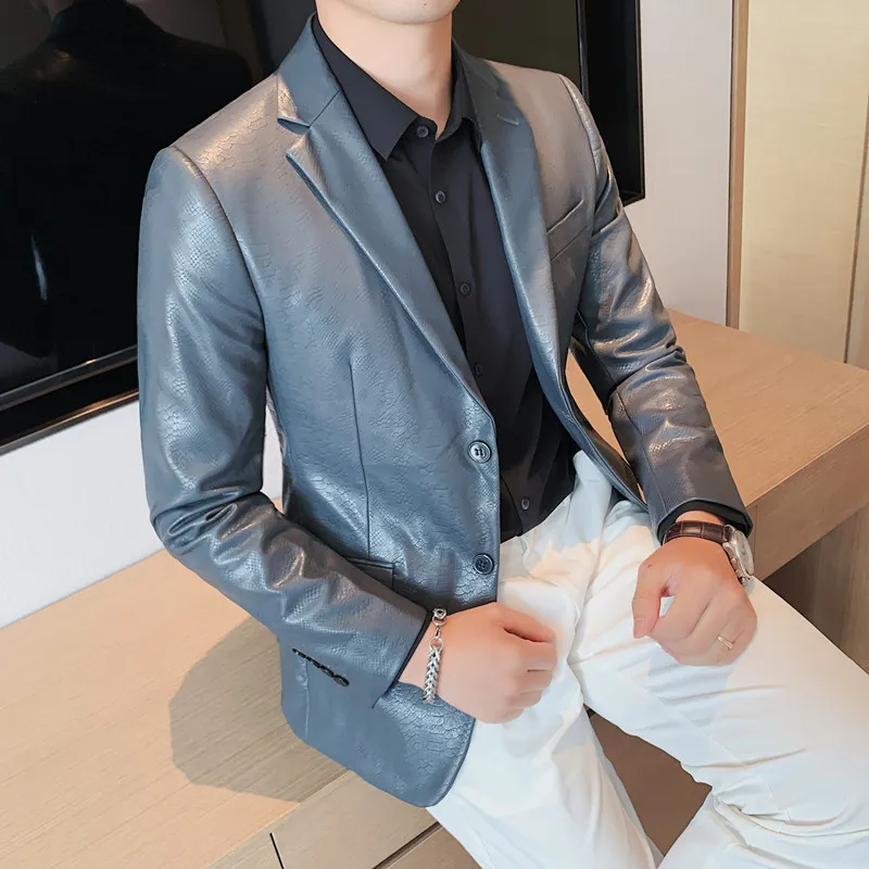 

2021 Autumn Winter Leather Suit Jacket Men Slim Wedding Business Slim Blazer Masculino Office Social Dress Coat Costume Homme