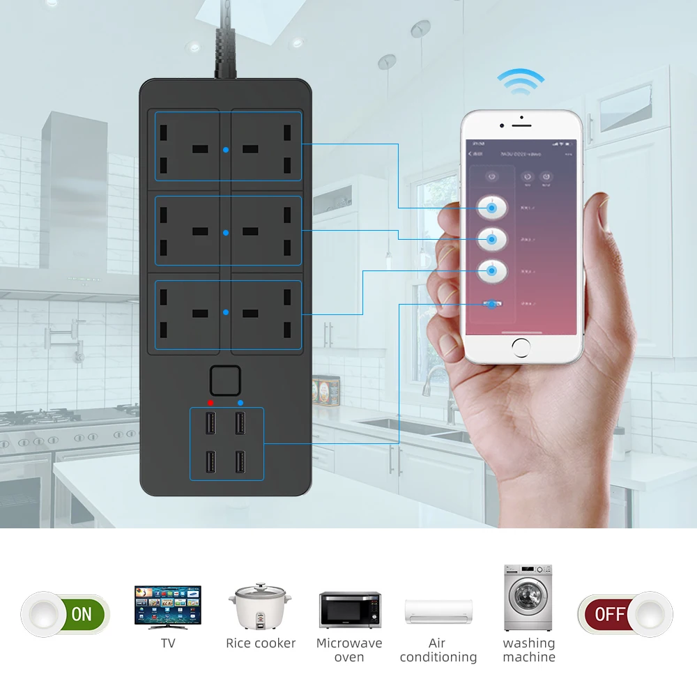 Умная розетка Power Strip с Wi-Fi Smart Wifi Tuya, 6 розеток для Великобритании, 4 USB-порта, 2,4 / 5 ГГц, зарядное устройство, с функцией таймера, управление по Bluetooth, совместимость с Alexa и Google Home.