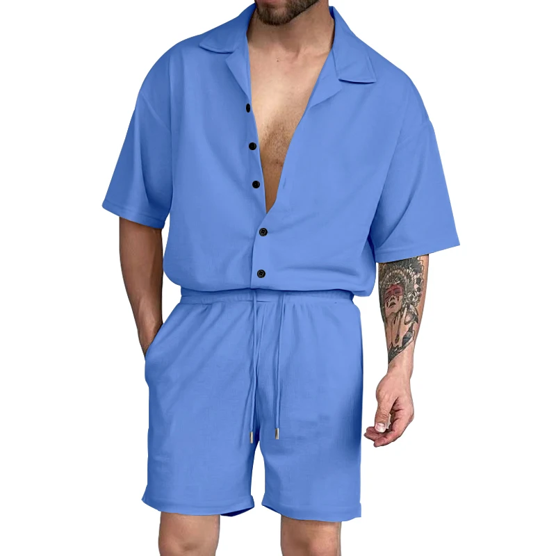 Summer Hot Selling Men's Cardigan Polo Solid Short Sleeve+Elastic Drawstring Waist Shorts Two Piece Fashion Casual Set