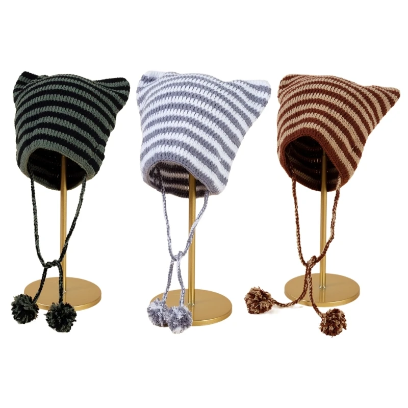 

Slouchy Knitted Skull Hat Striped Hat for Girls Y2K GIRL Hat with Pendant