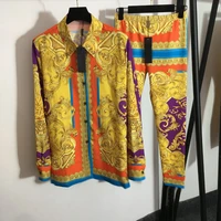 2022 spring autumn womens vintage pantsuits high quality retro print shirt leggings two piece set c577