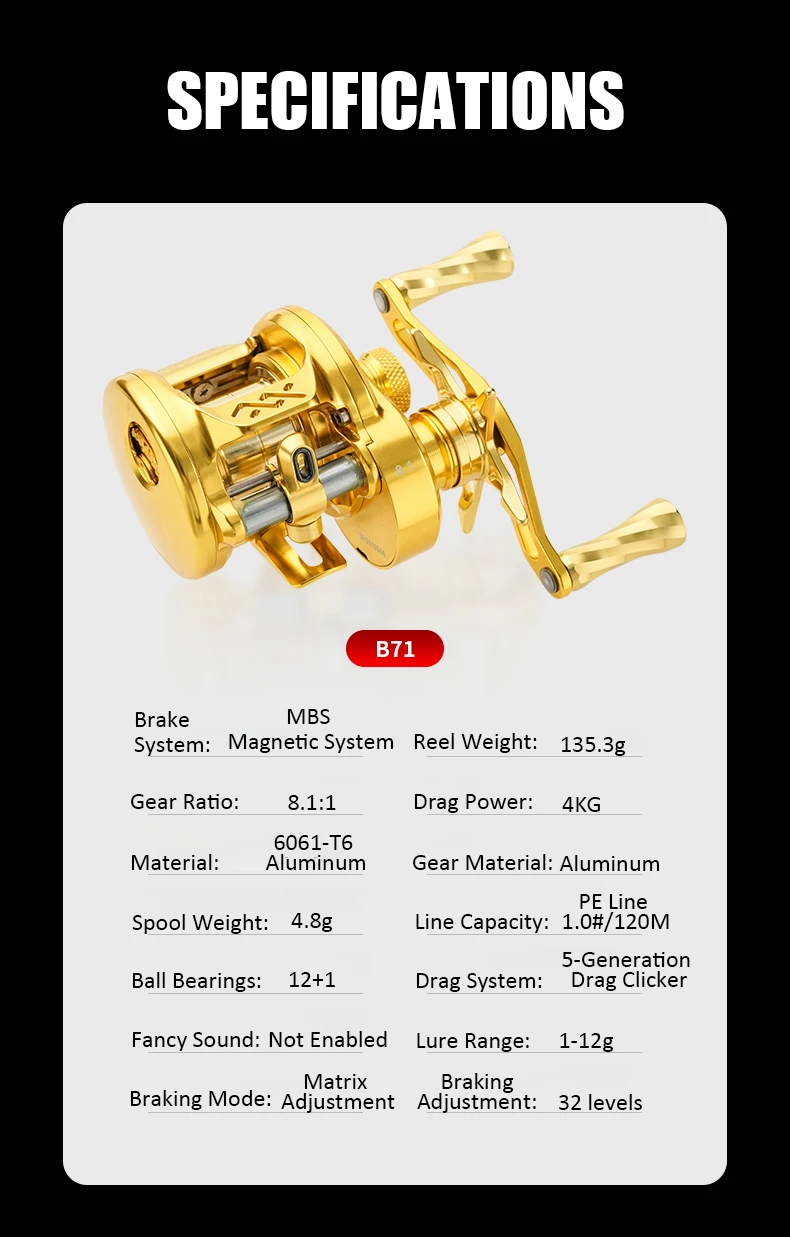 Фото LOONGZE Airlite B71MBS Катушка для приманки 8,1:1 Цельнометаллическая конструкция BFS для сверхлегких приманок Finesse Fishing Precision Gear System №3