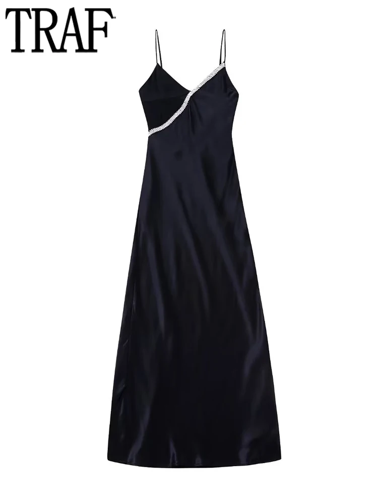 

TRAF Black Long Dress Women Rhinestone Satin Dress Woman Sexy Backless Evening Dresses for Women Thin Straps Maxi Party Dresses