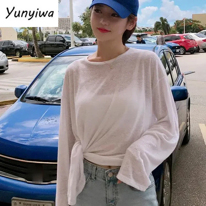 Футболка женская тонкая прозрачная в Корейском стиле пляжная шикарная рубашка