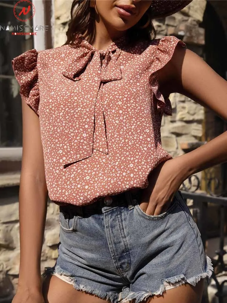 

Sweet Women Summer Print Blouse Patchwork Design Bow Decor Butterfly Short Sleeve Casual Loose Pullovers Thin Top