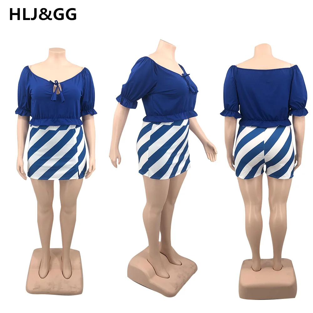 HLJ&GG Casual Skinny Plus Size 2 Piece Sets Women Off-should Ruffed Drawstring Tshirt+Short Dress Pants Fashion 2pcs Streetwear