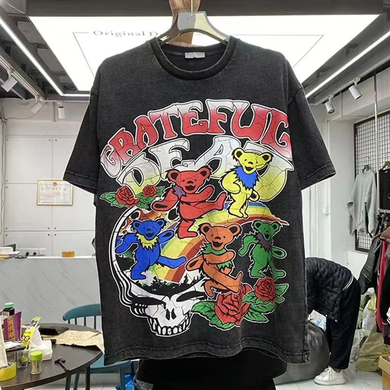 

Heavy Fabric Vintage T Shirt Crack Cartoon Bear Skulls Rose Print Tee Men Women Oversize Distressed T-Shirt Wash Do Old TShirt