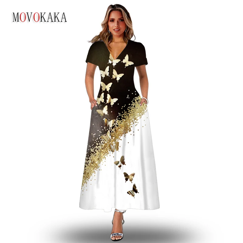 

MOVOKAKA Spring Summer Woman Elegant Long Dress Casual Beach Holiday Butterfly Print Vestidos Loose Short Sleeve Vintage Dresses