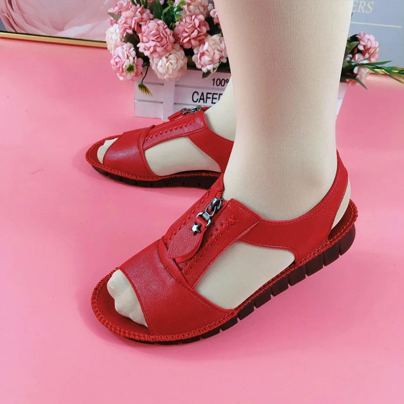 

Summer Shoes for Women Sandals Pu Leather Comfort Mother Shoes Zipper Flat Solid Color Plus Size Fashion Sandalias De Mujer