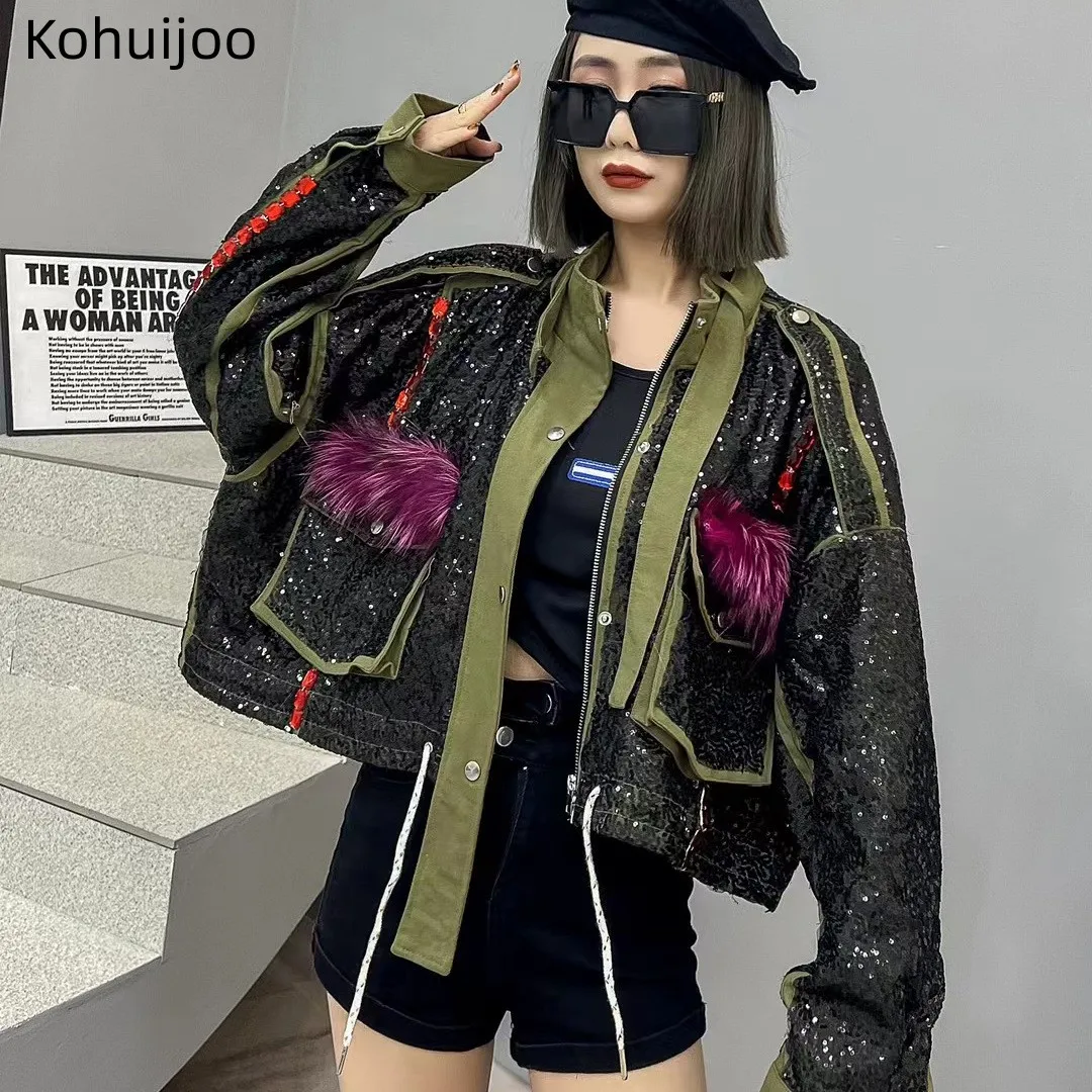 Kohuijoo 2023 Spring Autumn Heavy Sequin Denim Jacket Women Short Loose Feather Fashion Patchwork Korean Fashion Bomber Jackets