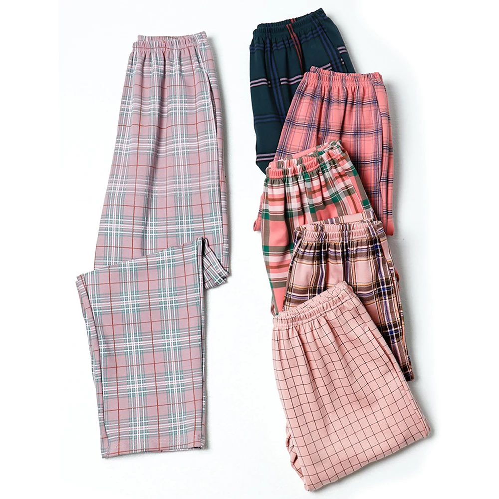 Autumn Women's Clothes Cotton Pajamas Pants Casual Plaid Solid Sleep Bottoms Long Pants for Women Elastic Waist Soft Sleepwear