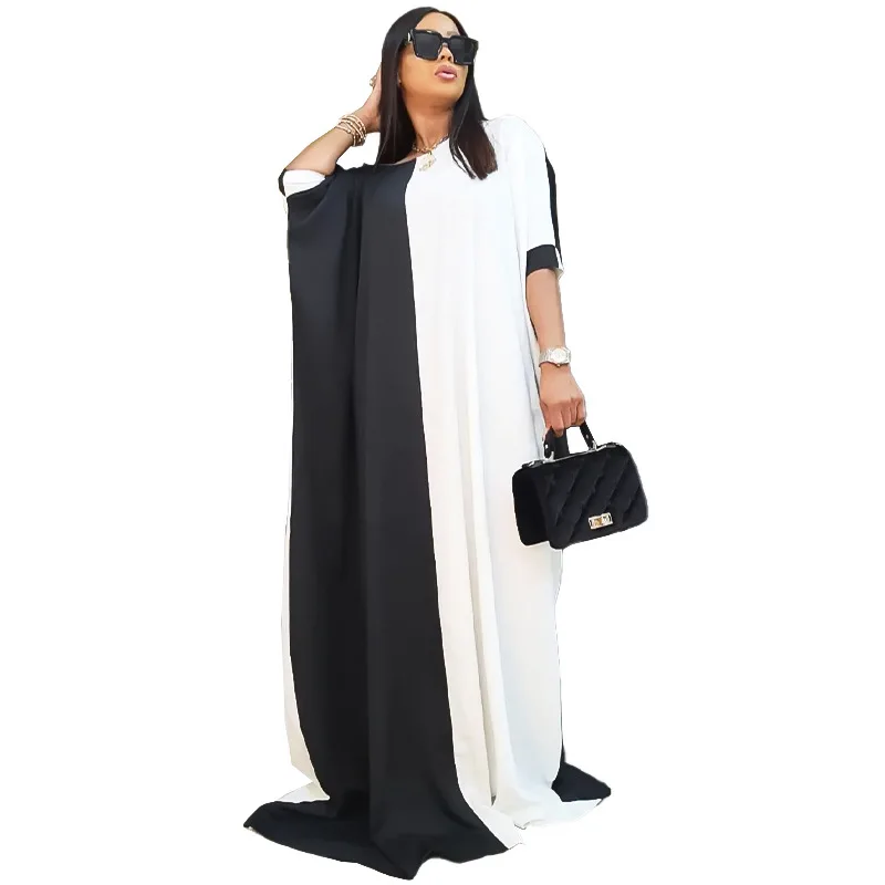 

Polyester African Dresses for Women Summer African Women Short Sleeve V-neck Long Dress African Robes