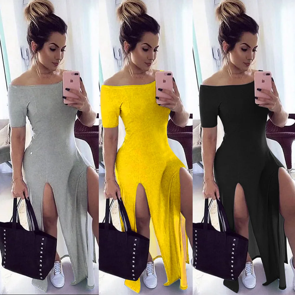 

Fashion One Shoulder Loose Slit Dress Women Solid Color Bodycon Beach Dress Ladies Slit Dress Vestido Feminino