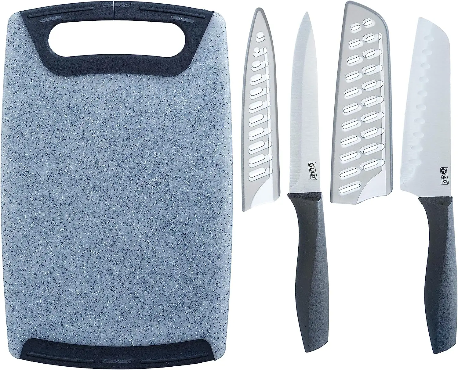 

Knives Set with Cutting Board, 5 Pieces | Sharp Santoku and Utility Knives with Blade Lids and Cutting Block | Kitchen Kitchen