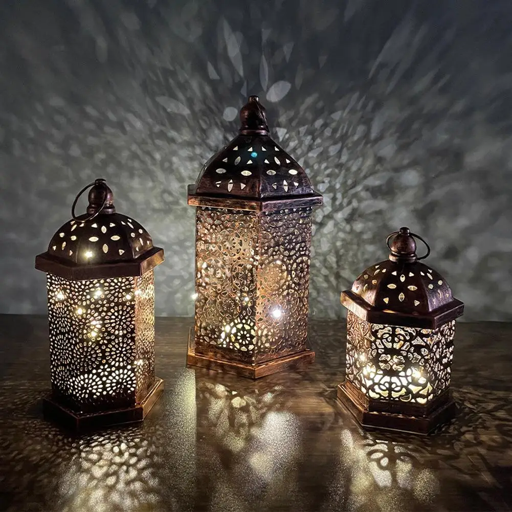 

1 Pc Night Light Brass Effect Moroccan Style Metal Iron Lanterns M/L Hanging Night Light Hanging For Out Garden Decoration