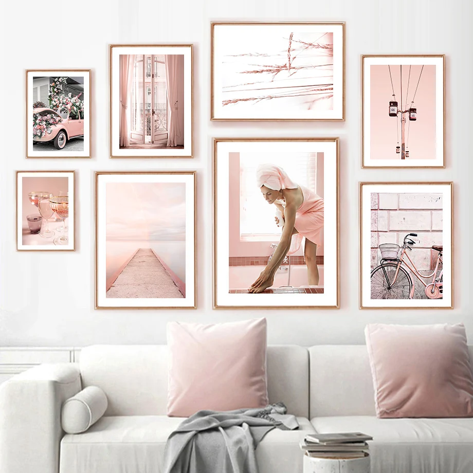 

Pink Fashion Sill Tree Cable Car Bike Reed Quote Nordic Wall Art Canvas Painting Posters Prints Pictures For Living Room Decor