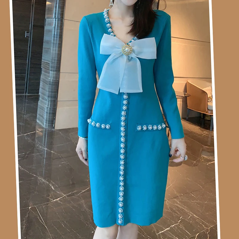 

V-Neck Beautiful Big Bow Beaded Autumn Women'S French Fashion Solid Color New Long-Sleeved Knitted Bag Hip High Waist Slim Dress