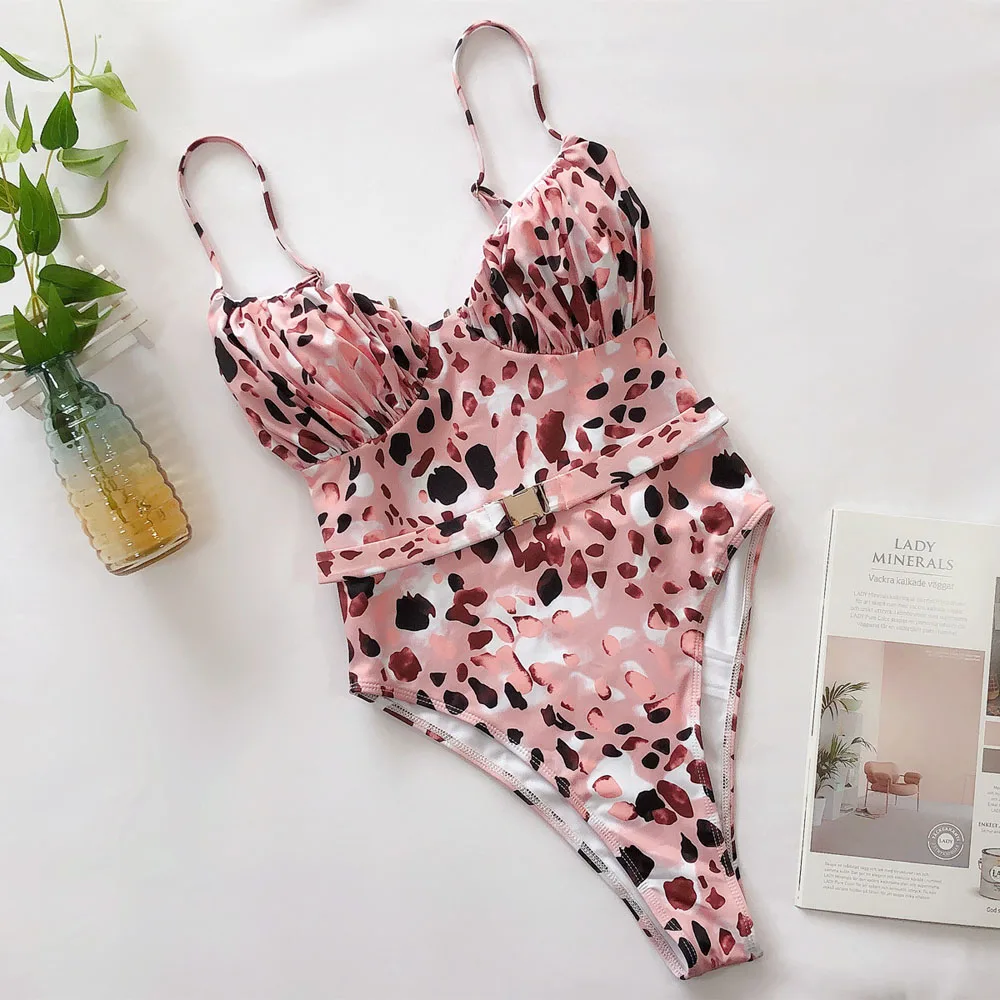 

Pink Print Brazilian High Thong Bodysuits One-Piece Swimwear Women V-Neck Swimsuit Female Sexy Monokini Belt Bathers 5424