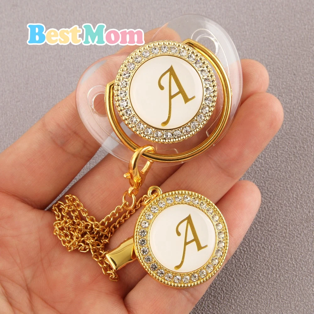 

Transparent 26 Initial Letter Luxury Baby Pacifier with Chain Clip Newborn BPA Free Bling Dummy Soother Chupete 0-12 Months