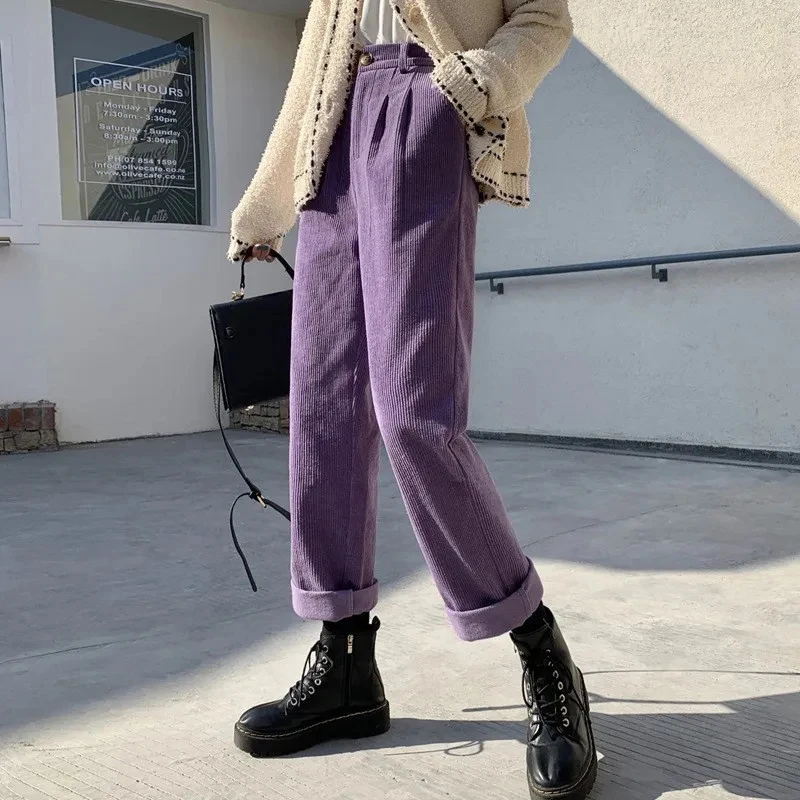 Autumn Winter Thick Women's Pants 2022 New High Waist Straight Corduroy Pants Woman Brown Purple Casual Baggy Wide Leg Trousers