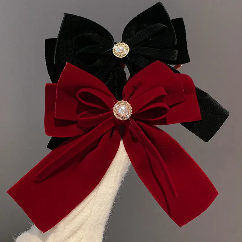 

Стразы заколки для волос Корейский винтажный бархатный бант французский жемчуг большой бант заколка для волос конский хвост головной убор ...