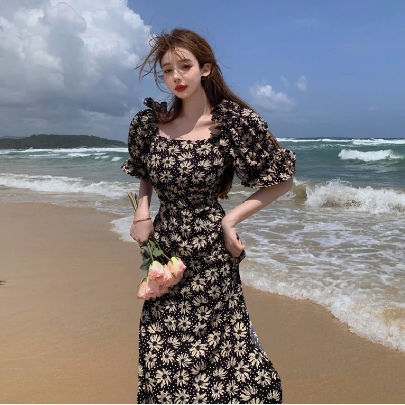 

Новинка 2022, французская нишевая темпераментная длинная юбка во французском ретро-дизайне, Черное женское летнее платье с цветочным принтом