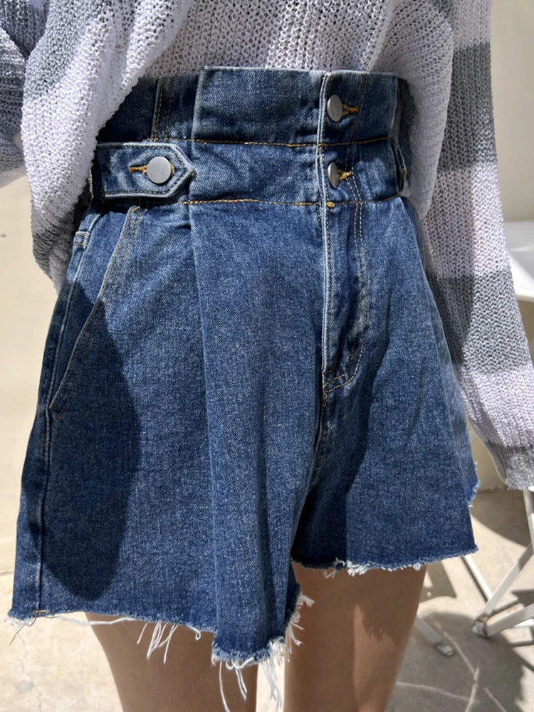 DFRCAEG 2023 Summer Denim Shorts For Women High Waist Stretch Blue Or Black Raw Edge Jeans Short With Pockets Wide Leg Pants