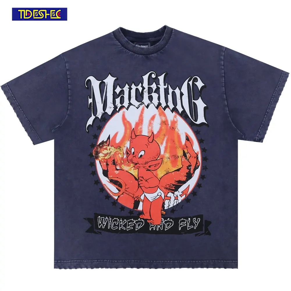 

Vintage Broken Hole Short Sleeve T-shirt Little Devil Letter Print Loose Men Women Casual T-shirt 2023 Summer Oversized T Shirts