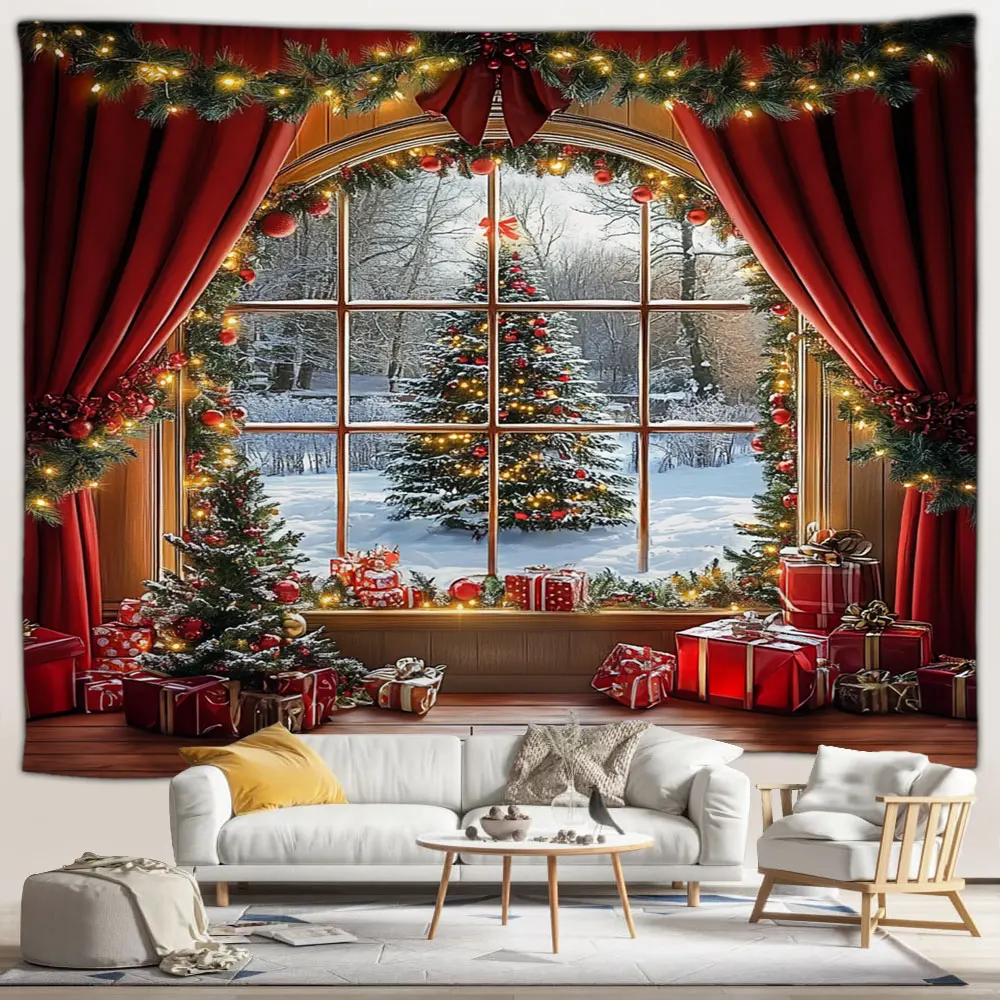 Рождественский гобелен красная занавеска рождественские елки наружное окно