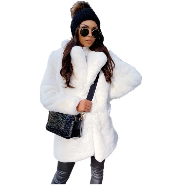 2022 Commuter Long Sleeve Lapel Faux Fur Coat Solid Color Warm Slim Coat Women's Fur Pure Color Long Faux Fox Fur Jackets