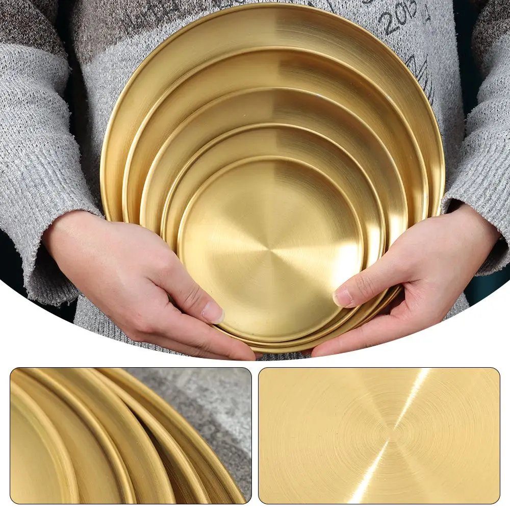 

Stainless Steel Metal Dining Tableware Cake Dessert Gold Silver Round Plate Bone Spitting Dish Disc Shallow Serving Tray Cutlery