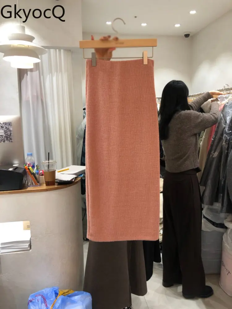 

2022 Women Autumn Winter New High Waist Package Hip Straight Skirt Temperament Solid Knitted Skirt Korean Style lady Long Skirt