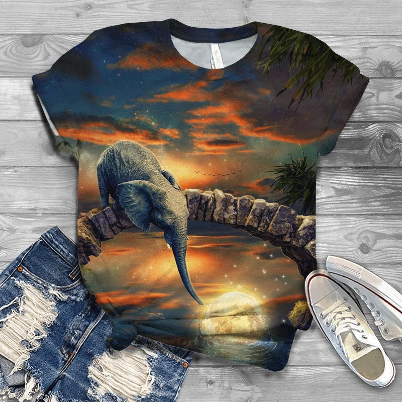 

Cheap Wholesale Women Clothes Original Elephant Landscape Trendy Harajuku Shirt Short-sleeved Women's Printed Korean Clothing