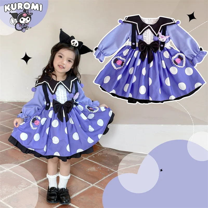 

New Kawaii Sanrio Kuromi Girls Dresses Anime Cinnamoroll My Melody Kids Lolita Cosplay Long Sleeve Dress Halloween Party Costume