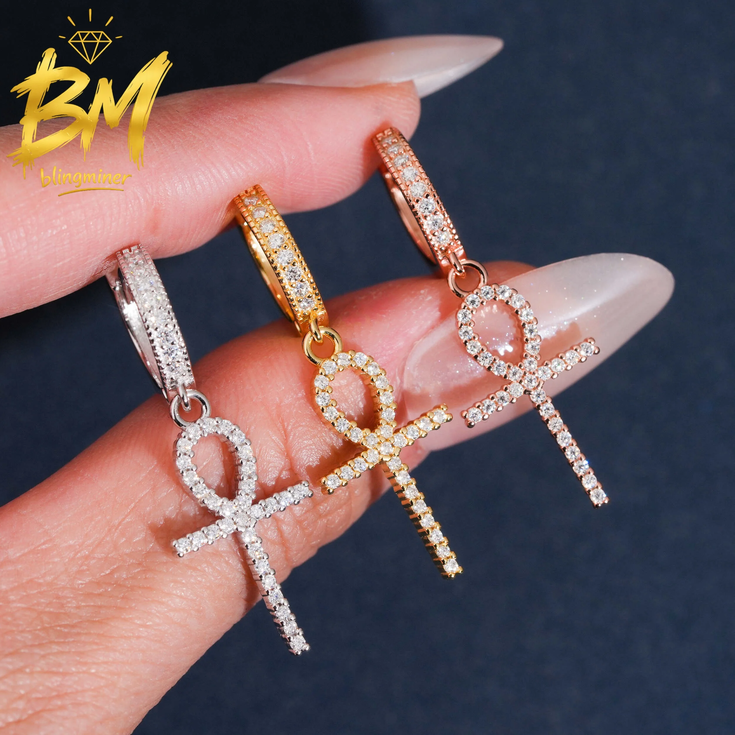 Фото Серьги Blingminer Hip Hop Cross VVS Moissanite из серебра S925 пробы для мужчин и женщин, ювелирные изделия, прошедшие проверку на алмазном тестере GRA №1