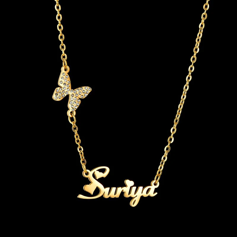 

Customized Butterfly Necklace Stainless Steel Name Necklace Personalized Letter Choker Crystal Pendant Nameplate Christmas Gift